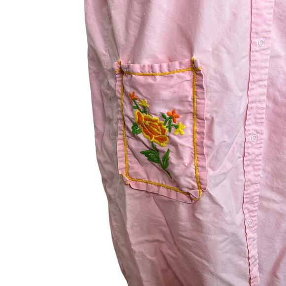 Vintage 60s Snap Front House Dress Mumu Embroidered FLAW Light Pink L Large - Picture 3 of 6
